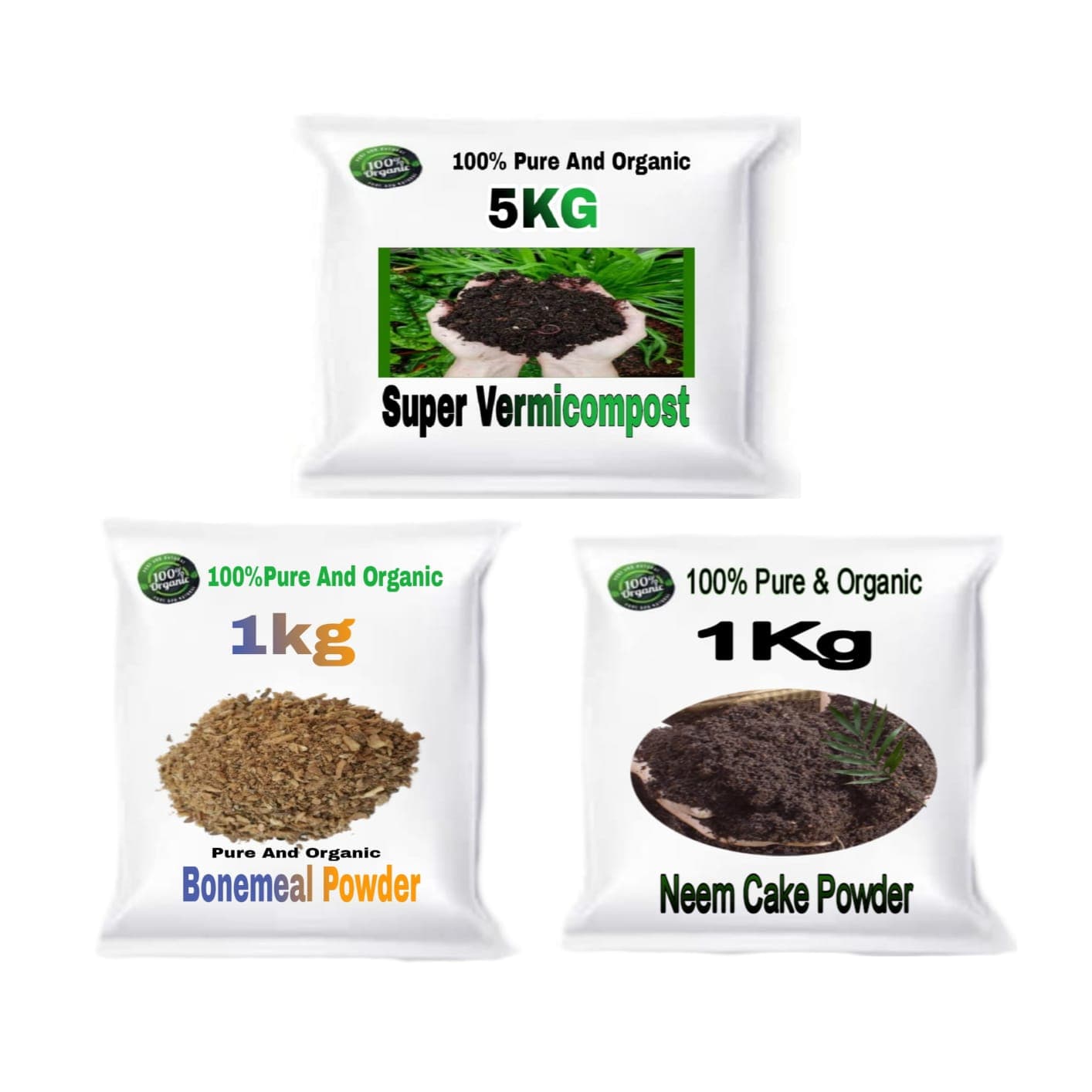 Combo Pack of 3( Super Vermicompost 1kg , Bonemeal Powder 1kg , Neem Cake Powder 1kg ) - Combo Pack of 3( Super Vermicompost 1kg , Bonemeal Powder 1kg , Neem Cake Powder 1kg )