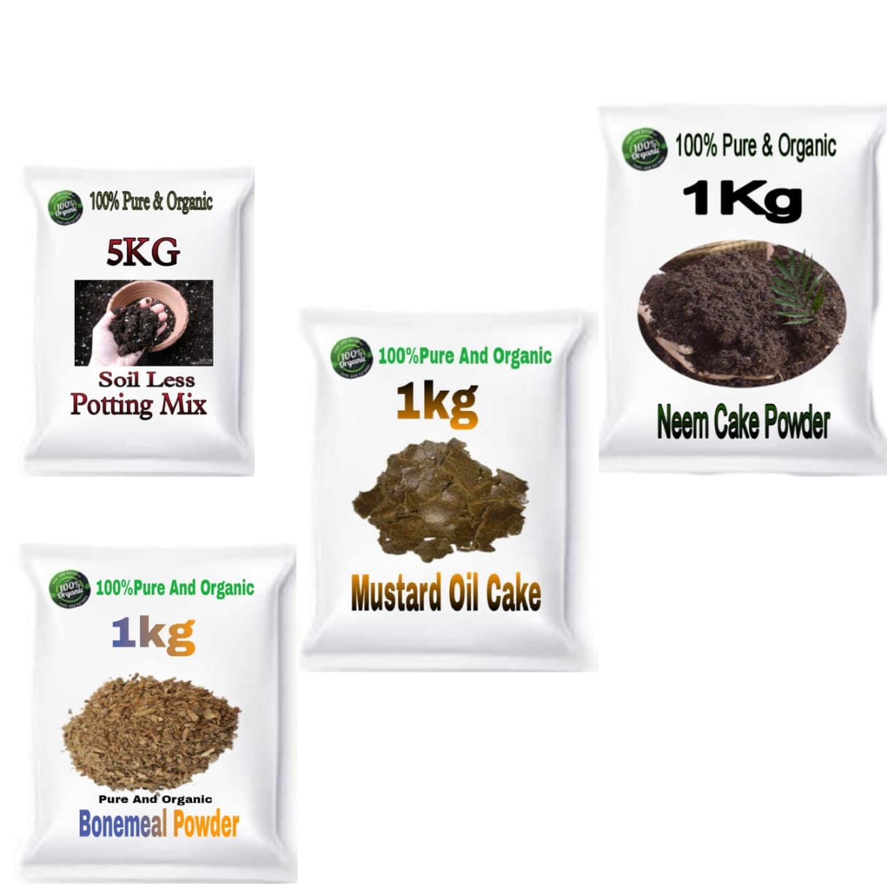 Combo Pack of 4 (Soil Less Potting Mix 5KG, 1KG Neem Cake Powder, 1KG Bonemeal Powder, 1KG Musturd Cake Powder) - Combo Pack of 4 (Soil Less Potting Mix 5KG, 1KG Neem Cake Powder, 1KG Bonemeal Powder, 1KG Musturd Cake Powder)