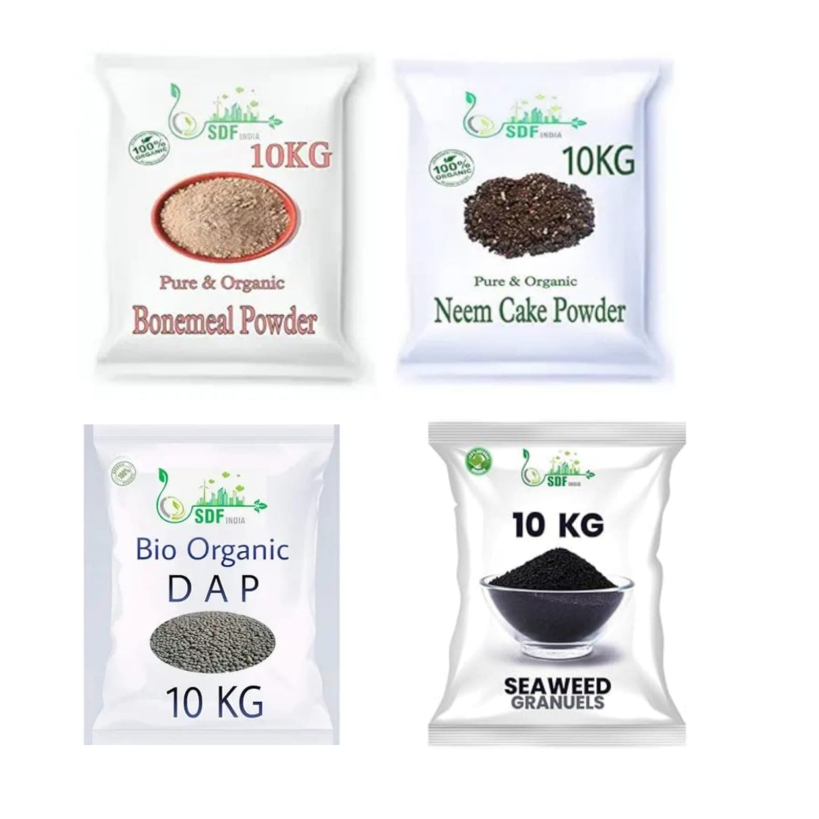 SDF ORGANIC PRODUCT BONE MEAL POWDER , NEEM CAKE POWDER , DAP FERTILIZER , SEAWEED GRANUALES ( EACH 10 KG ) COMBO PACK - SDF ORGANIC PRODUCT BONE MEAL POWDER , NEEM CAKE POWDER , DAP FERTILIZER , SEAWEED GRANUALES ( EACH 10 KG ) COMBO PACK