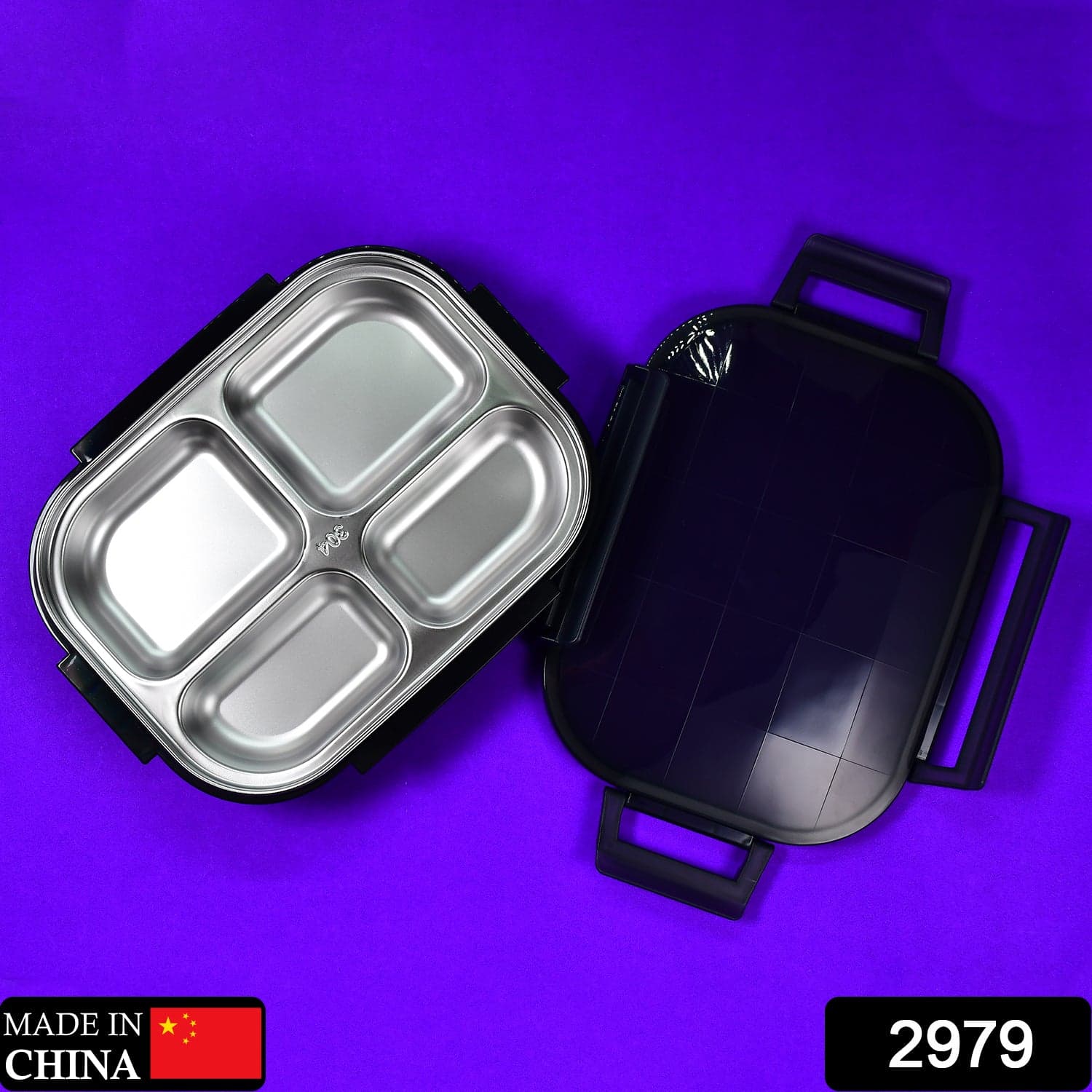 2979 Black Transparent 4 Compartment Lunch Box for Kids and adults, Stainless Steel Lunch Box with 4 Compartments. - 2979 Black Transparent 4 Compartment Lunch Box for Kids and adults, Stainless Steel Lunch Box with 4 Compartments.
